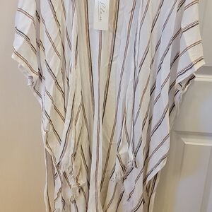 Elan Cream and Brown Striped Coverup Poncho